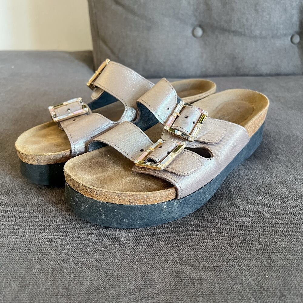 Naot Metallic Pink Platform Sandals Jeweled Buckle Cork Comfort Slides